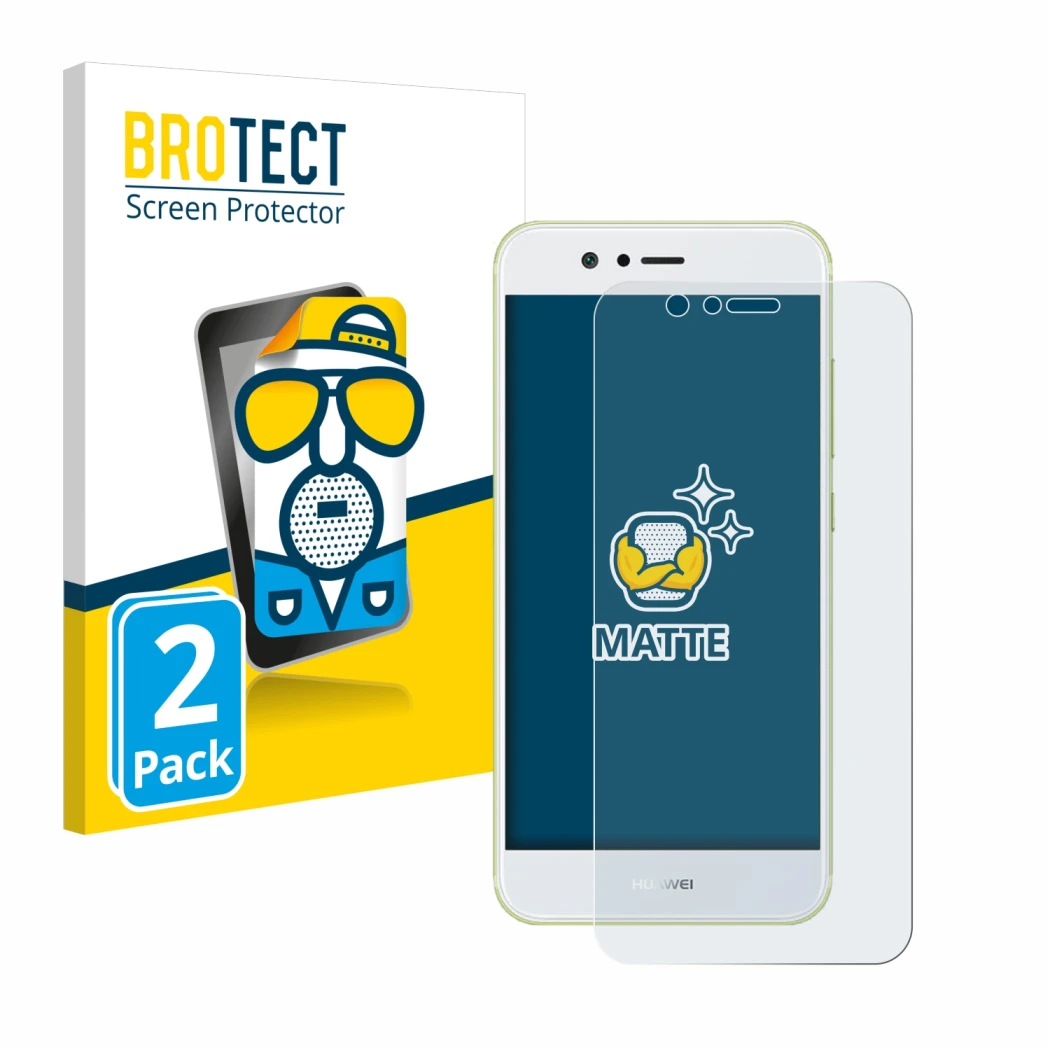 Parte frontal de un envase de producto con el logotipo de la marca BROTECT. Al lado se muestra el dispositivo Huawei Nova 2 co