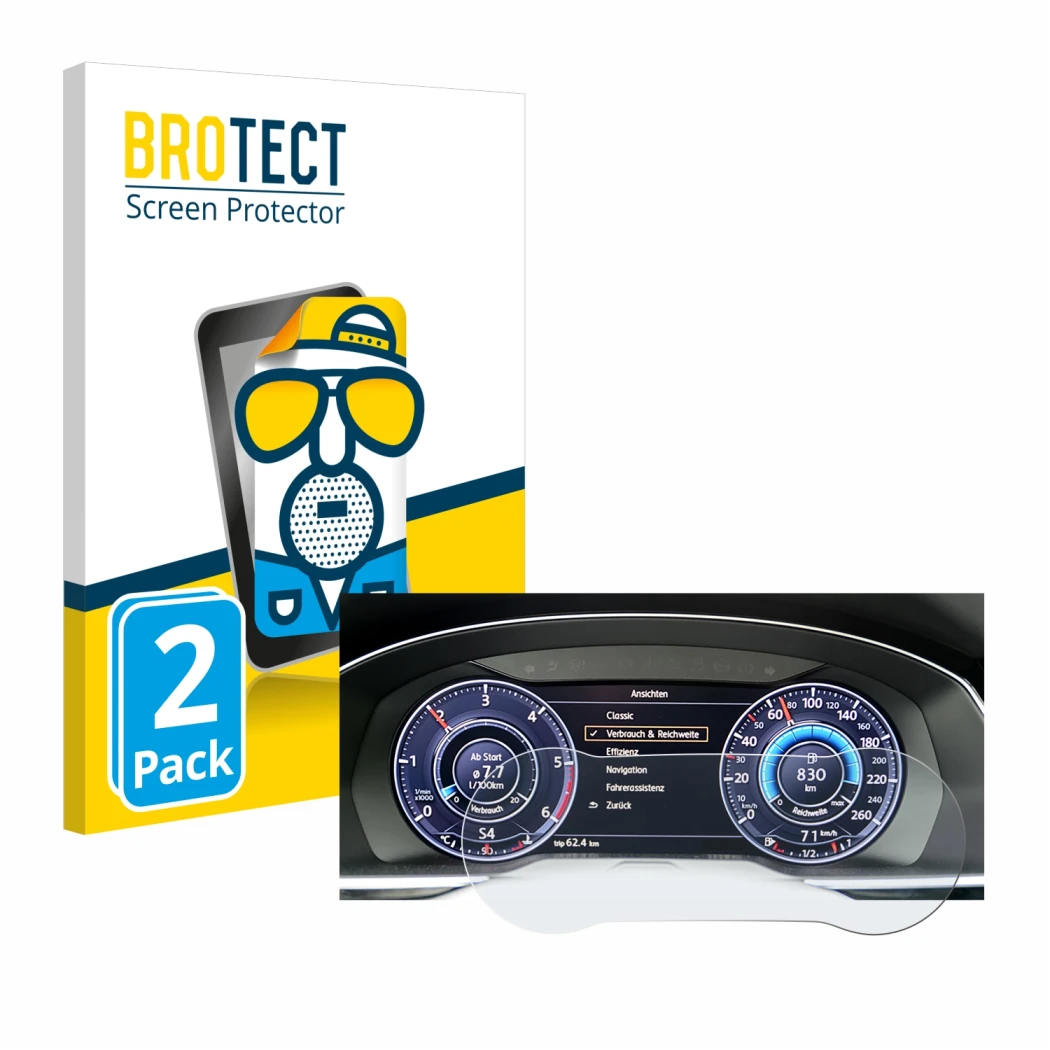 Parte frontal de un envase de producto con el logotipo de la marca BROTECT. Al lado se muestra el dispositivo Volkswagen Tigua