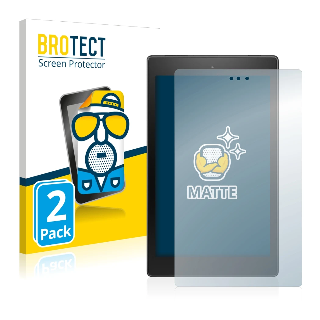 Parte frontal de un envase de producto con el logotipo de la marca BROTECT. Al lado se muestra el dispositivo Amazon Fire HD 8