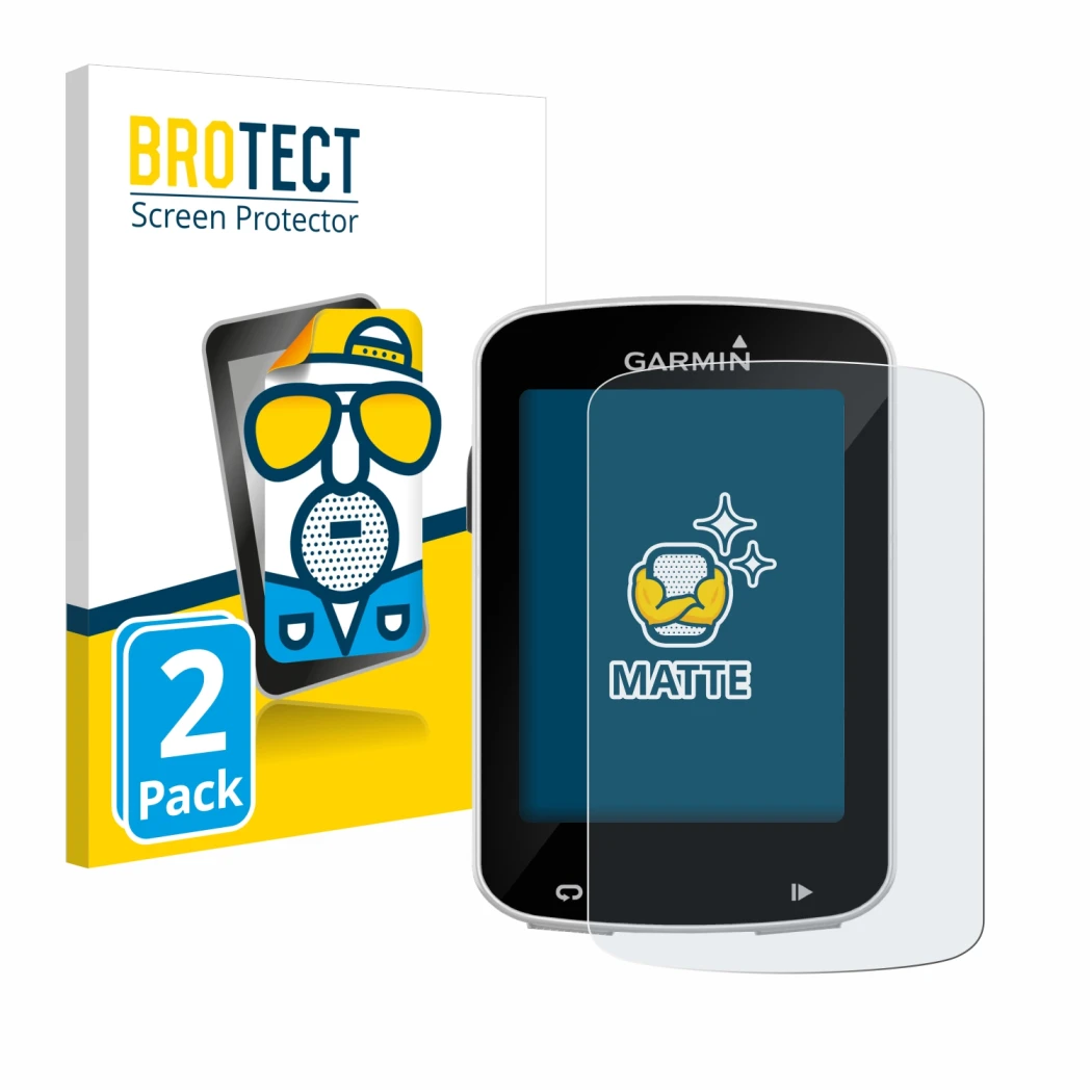 Parte frontal de un envase de producto con el logotipo de la marca BROTECT. Al lado se muestra el dispositivo Garmin Edge Expl