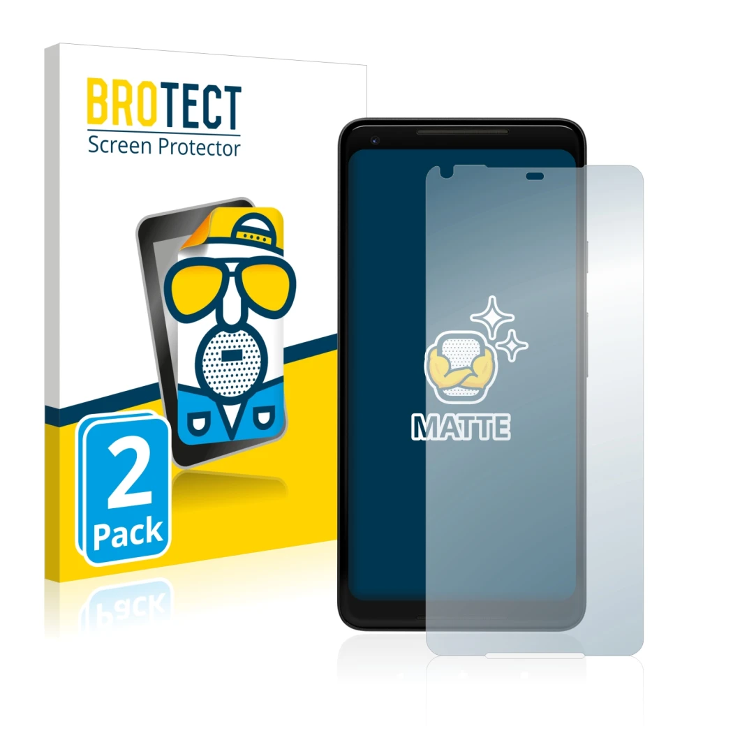 Parte frontal de un envase de producto con el logotipo de la marca BROTECT. Al lado se muestra el dispositivo Google Pixel 2 X