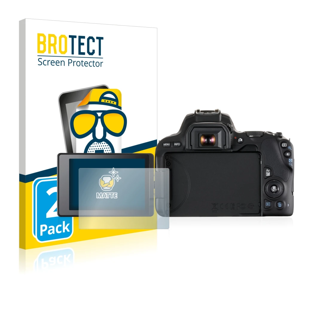 Parte frontal de un envase de producto con el logotipo de la marca BROTECT. Al lado se muestra el dispositivo Canon EOS 200D c