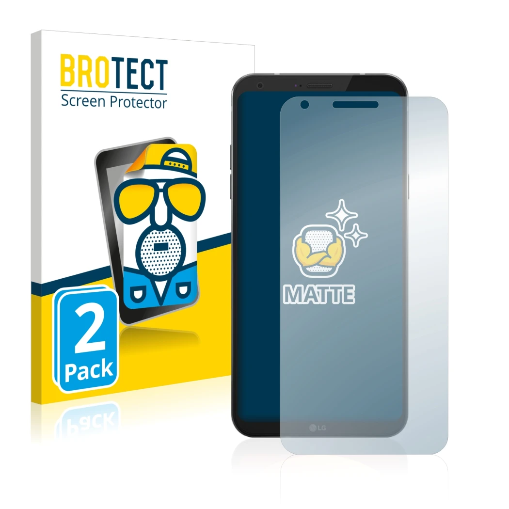 Parte frontal de un envase de producto con el logotipo de la marca BROTECT. Al lado se muestra el dispositivo LG Q6 con su pro