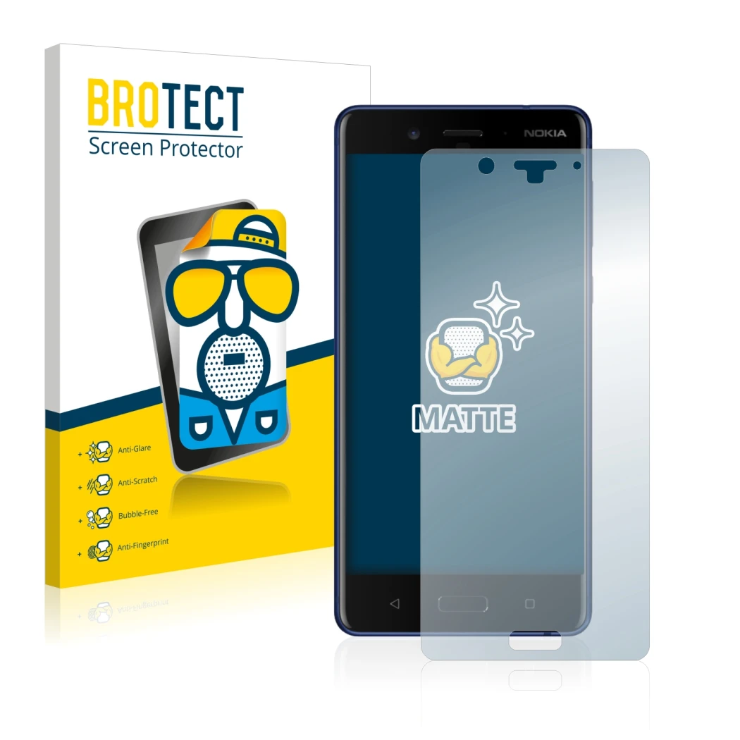 Parte frontal de un envase de producto con el logotipo de la marca BROTECT. Al lado se muestra el dispositivo Nokia 8 con su p