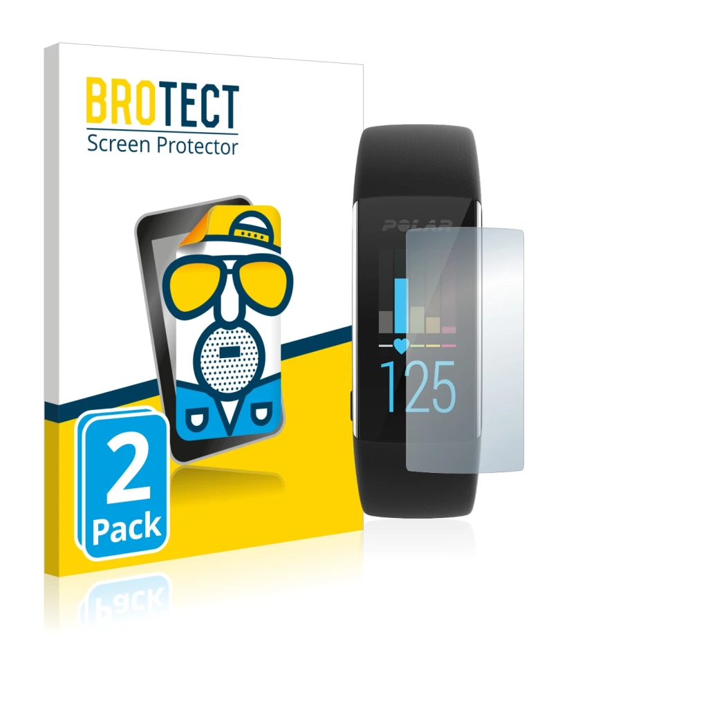 Parte frontal de un envase de producto con el logotipo de la marca BROTECT. Al lado se muestra el dispositivo Polar A370 con s