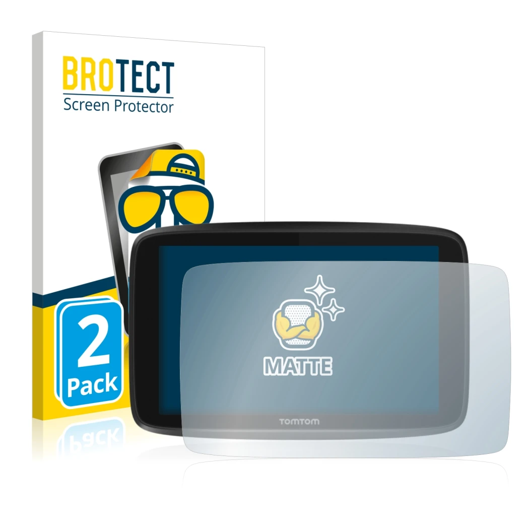 Parte frontal de un envase de producto con el logotipo de la marca BROTECT. Al lado se muestra el dispositivo TomTom GO 6250 c