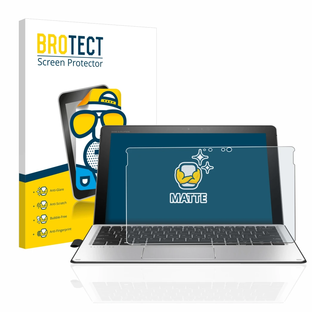 Parte frontal de un envase de producto con el logotipo de la marca BROTECT. Al lado se muestra el dispositivo HP Elite x2 1012