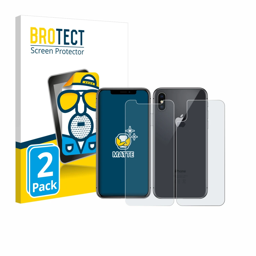 Parte frontal de un envase de producto con el logotipo de la marca BROTECT. Al lado se muestra el dispositivo Apple iPhone X (