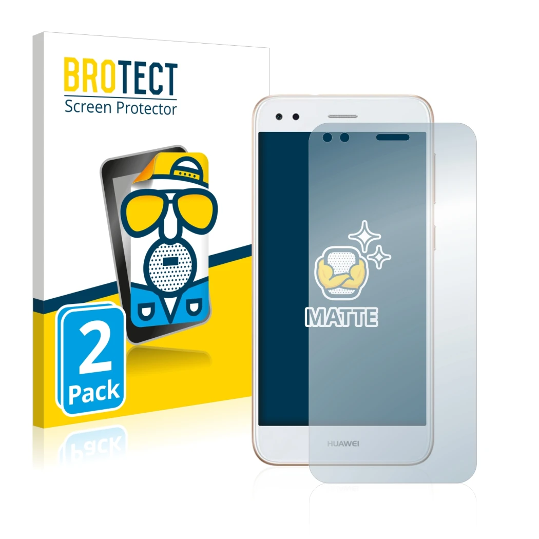 Parte frontal de un envase de producto con el logotipo de la marca BROTECT. Al lado se muestra el dispositivo Huawei P9 Lite M