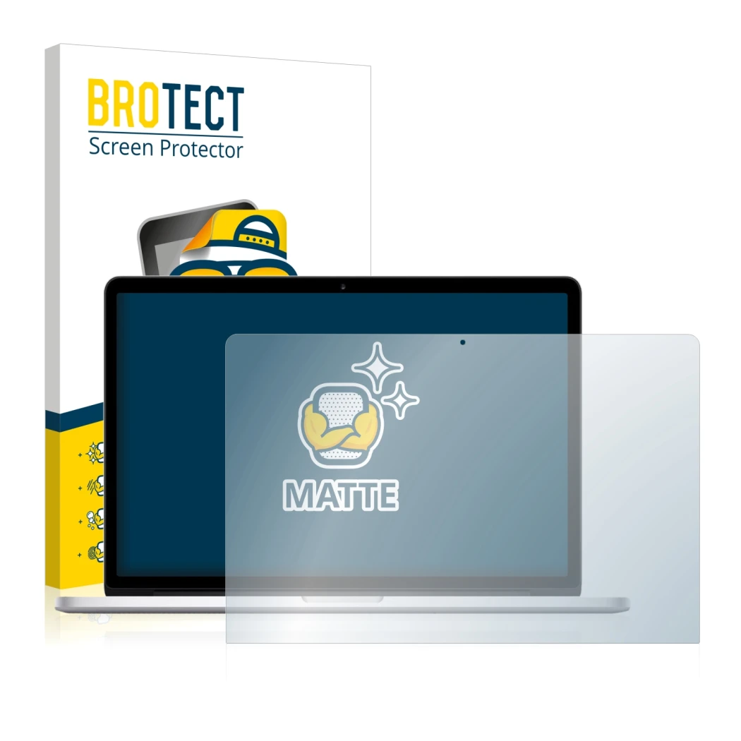 Parte frontal de un envase de producto con el logotipo de la marca BROTECT. Al lado se muestra el dispositivo Apple MacBook Pr