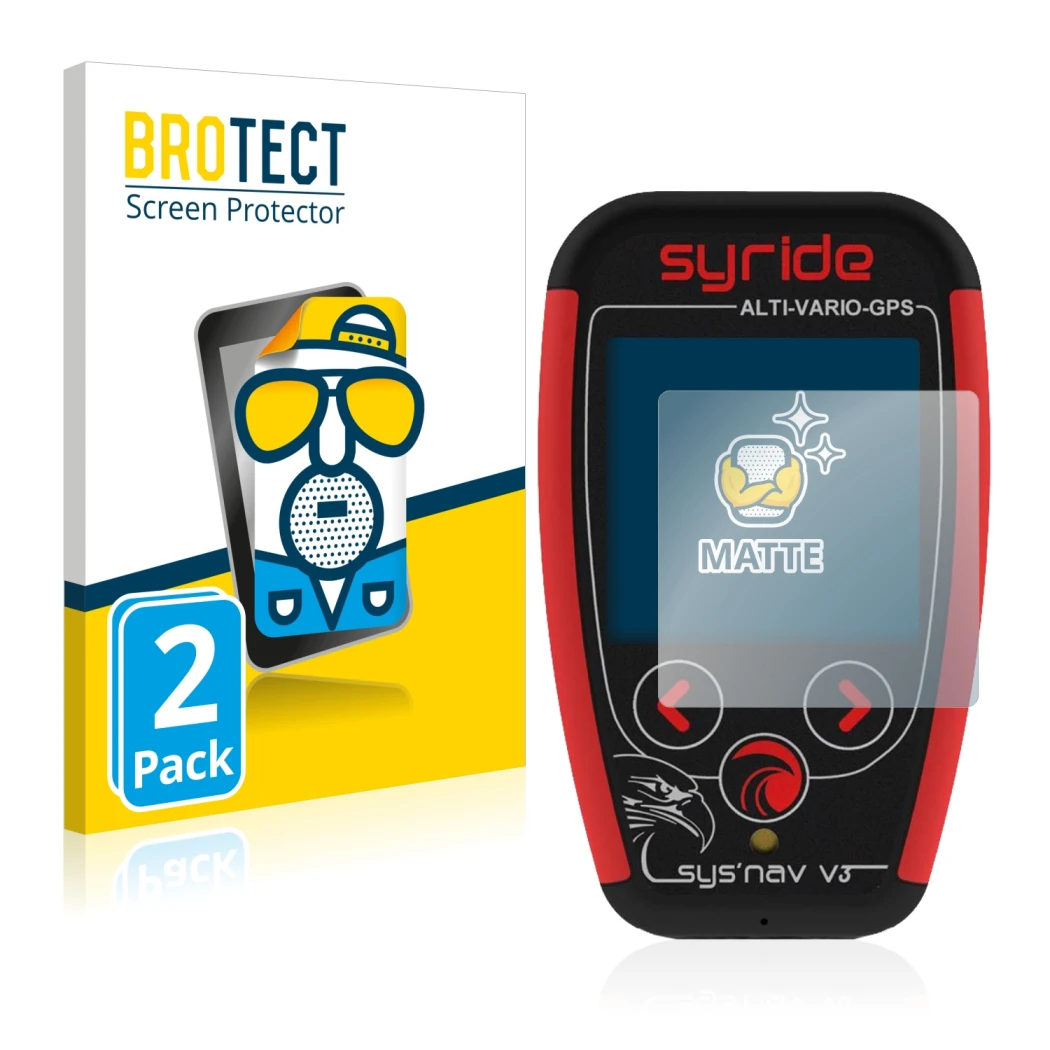 Parte frontal de un envase de producto con el logotipo de la marca BROTECT. Al lado se muestra el dispositivo Syride Sys'Nav V