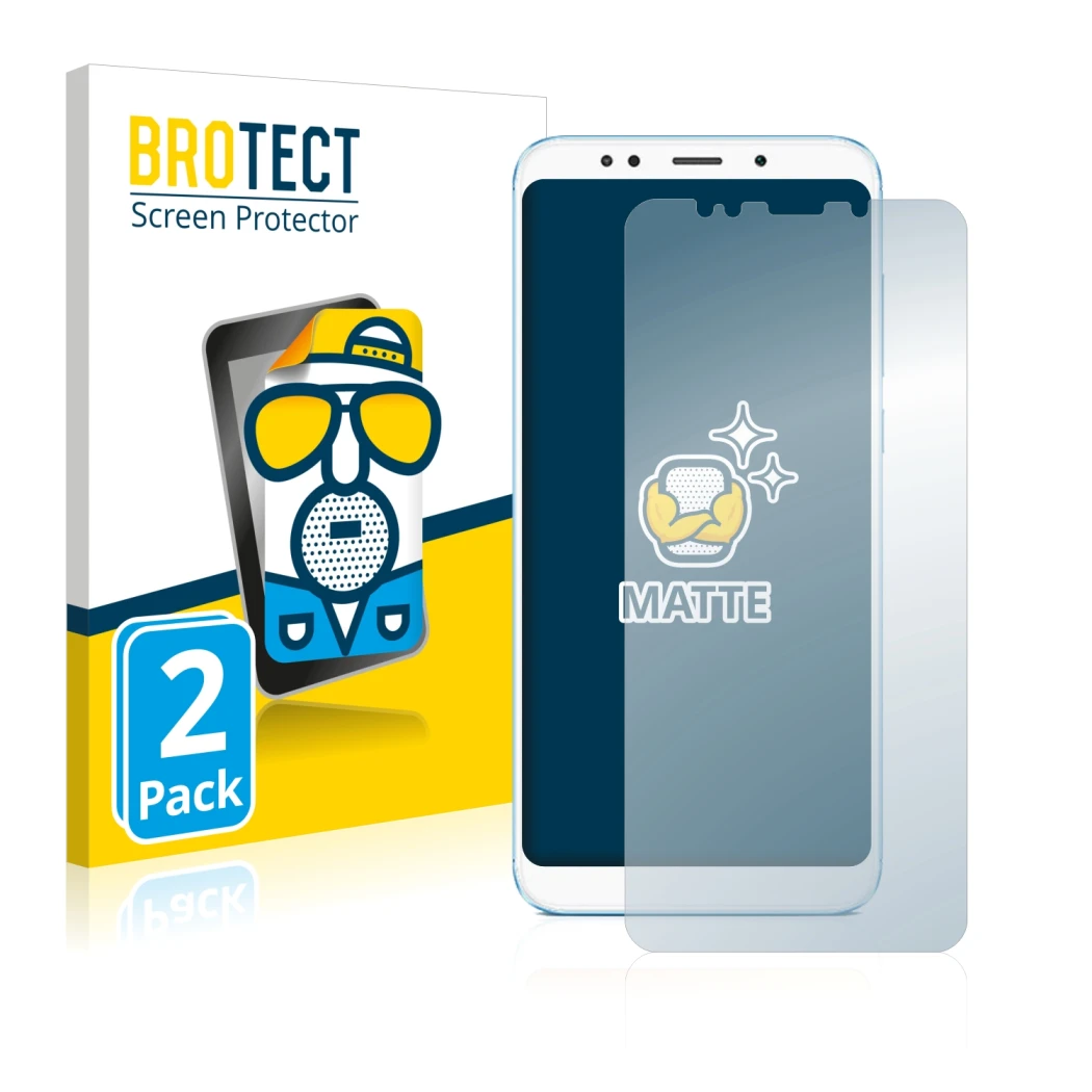 Parte frontal de un envase de producto con el logotipo de la marca BROTECT. Al lado se muestra el dispositivo Xiaomi Redmi 5 P
