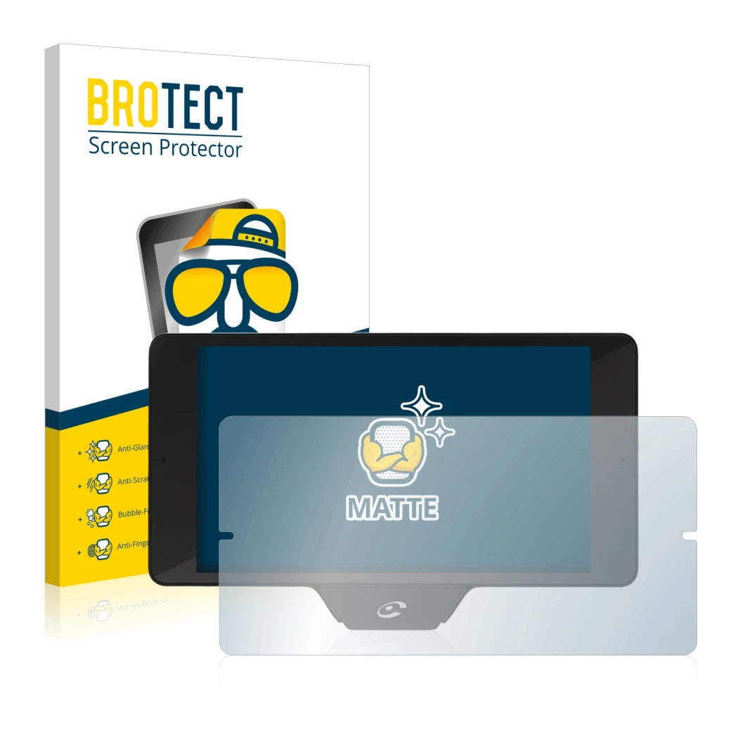 Parte frontal de un envase de producto con el logotipo de la marca BROTECT. Al lado se muestra el dispositivo Coyote Nav+ 2017