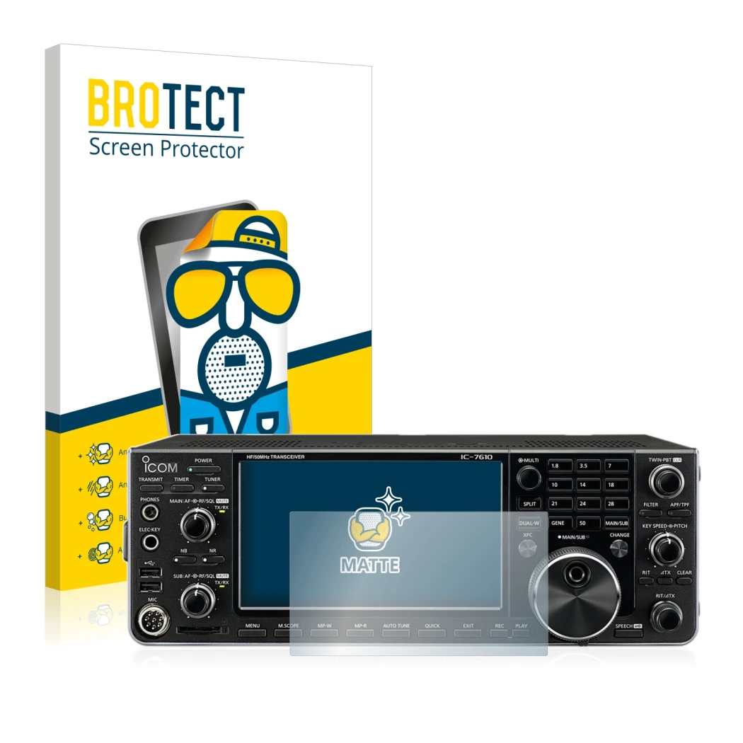 Parte frontal de un envase de producto con el logotipo de la marca BROTECT. Al lado se muestra el dispositivo Icom IC-7610 con
