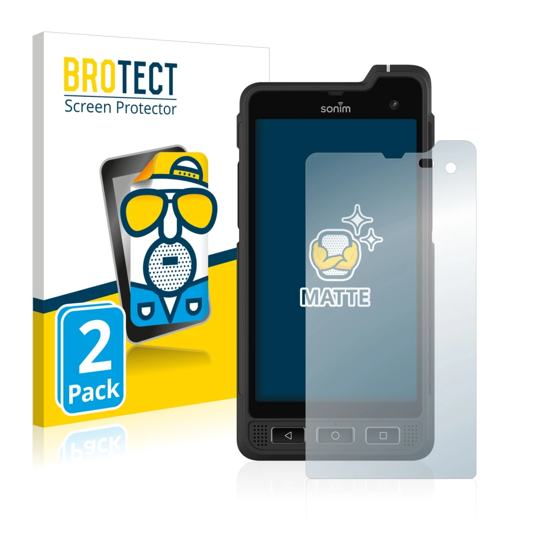 Parte frontal de un envase de producto con el logotipo de la marca BROTECT. Al lado se muestra el dispositivo Sonim XP8 con su
