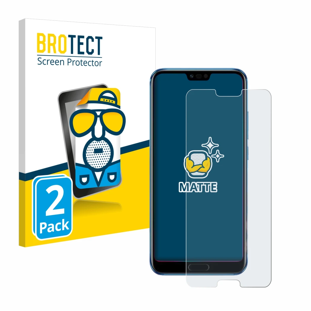 Parte frontal de un envase de producto con el logotipo de la marca BROTECT. Al lado se muestra el dispositivo Honor 10 con su