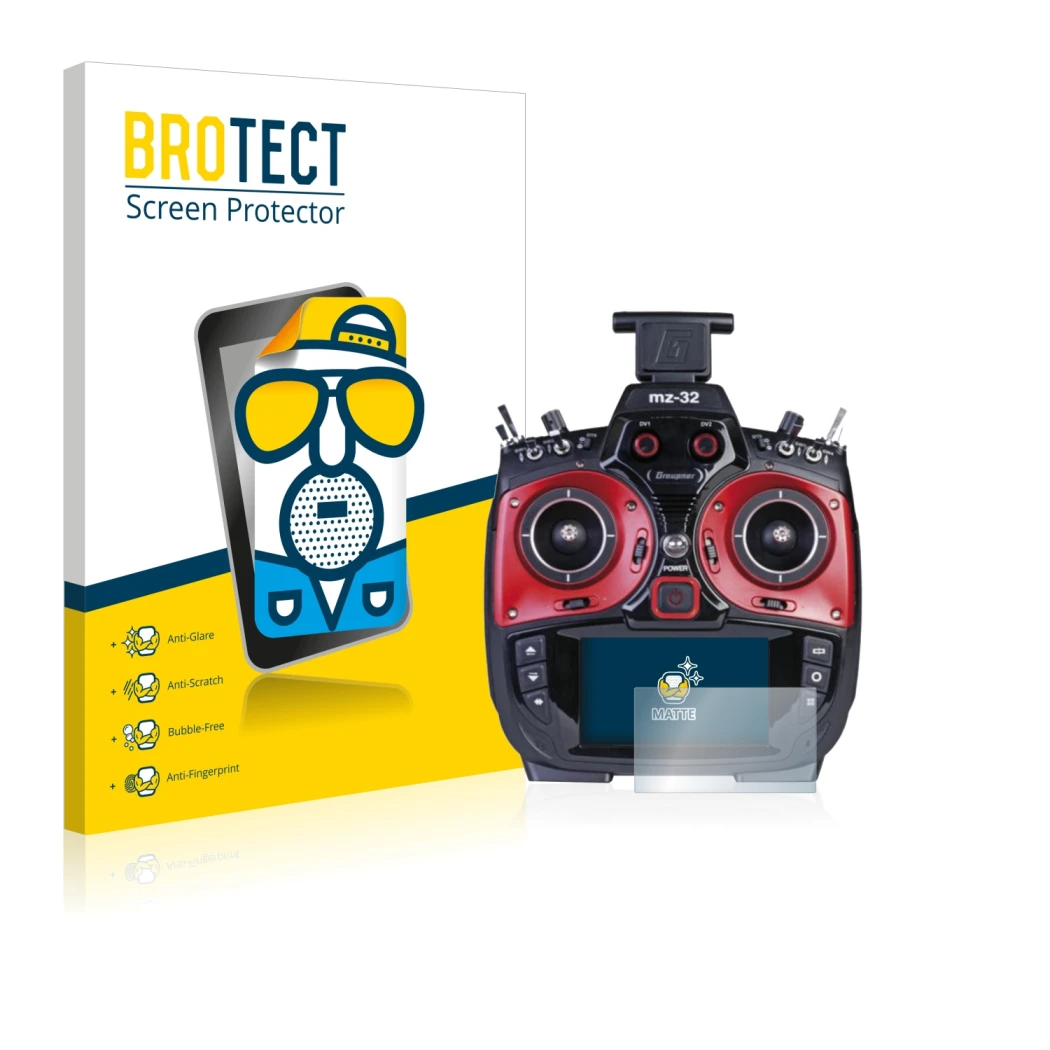 Parte frontal de un envase de producto con el logotipo de la marca BROTECT. Al lado se muestra el dispositivo Graupner MZ-32 (