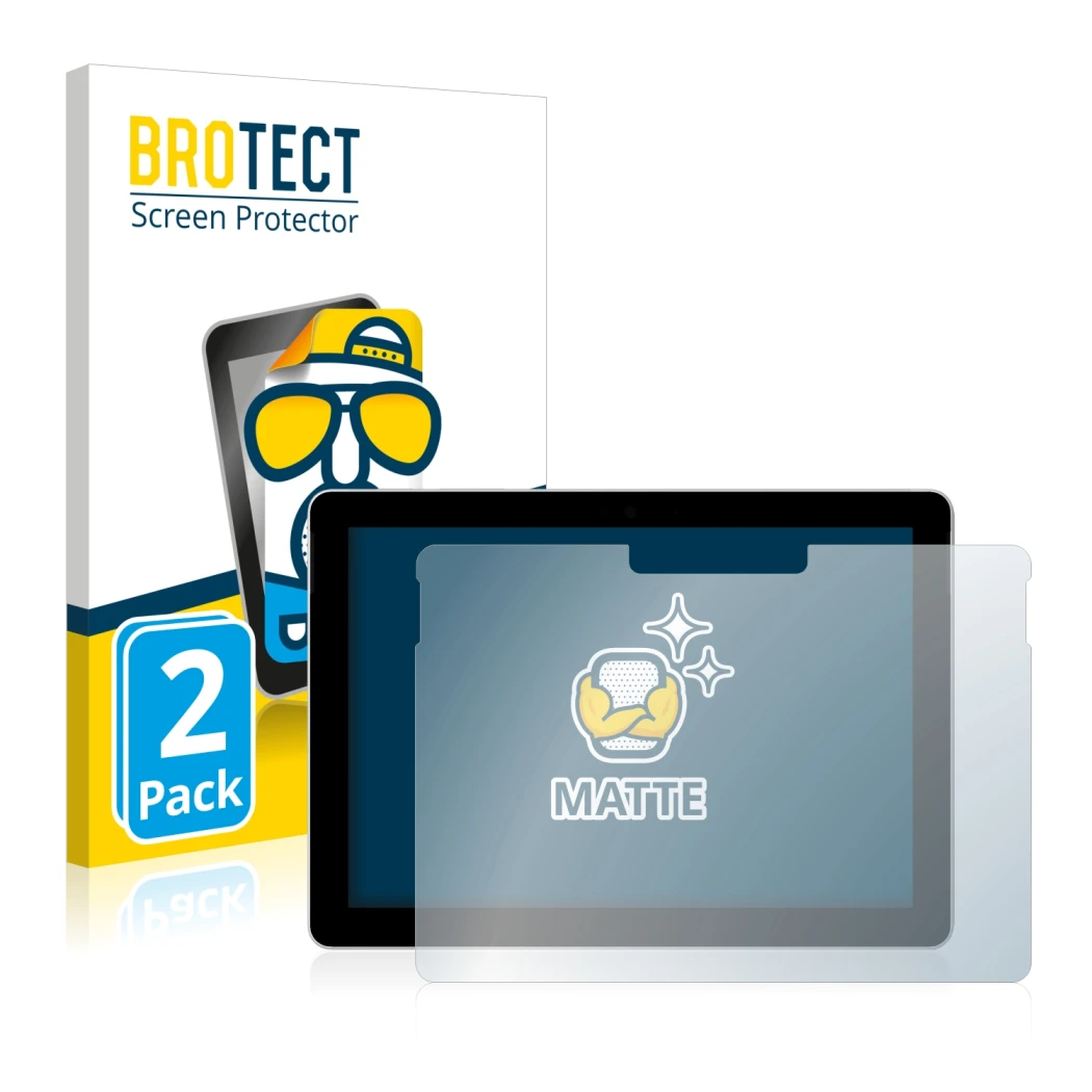 Parte frontal de un envase de producto con el logotipo de la marca BROTECT. Al lado se muestra el dispositivo Microsoft Surfac