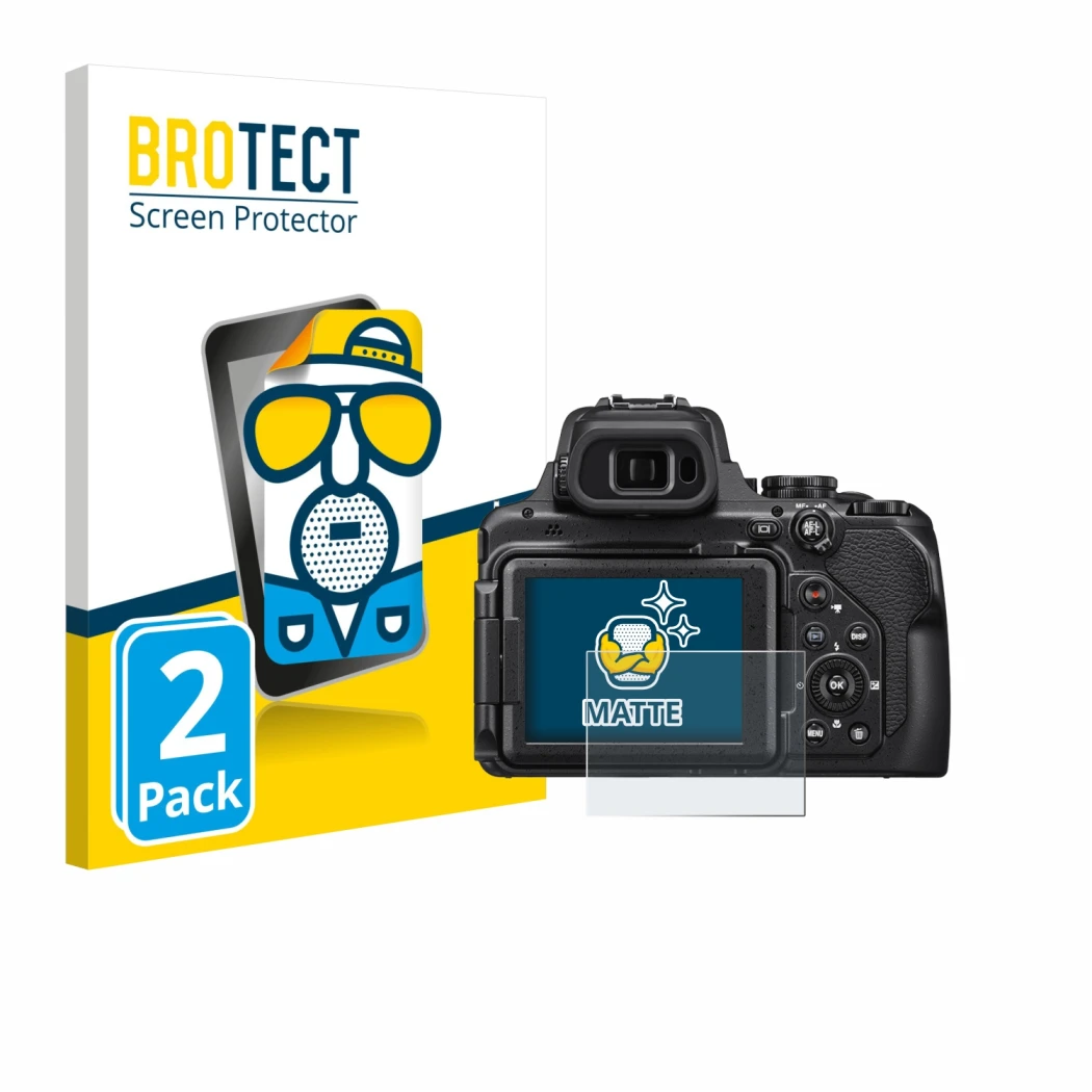 Parte frontal de un envase de producto con el logotipo de la marca BROTECT. Al lado se muestra el dispositivo Nikon Coolpix P1