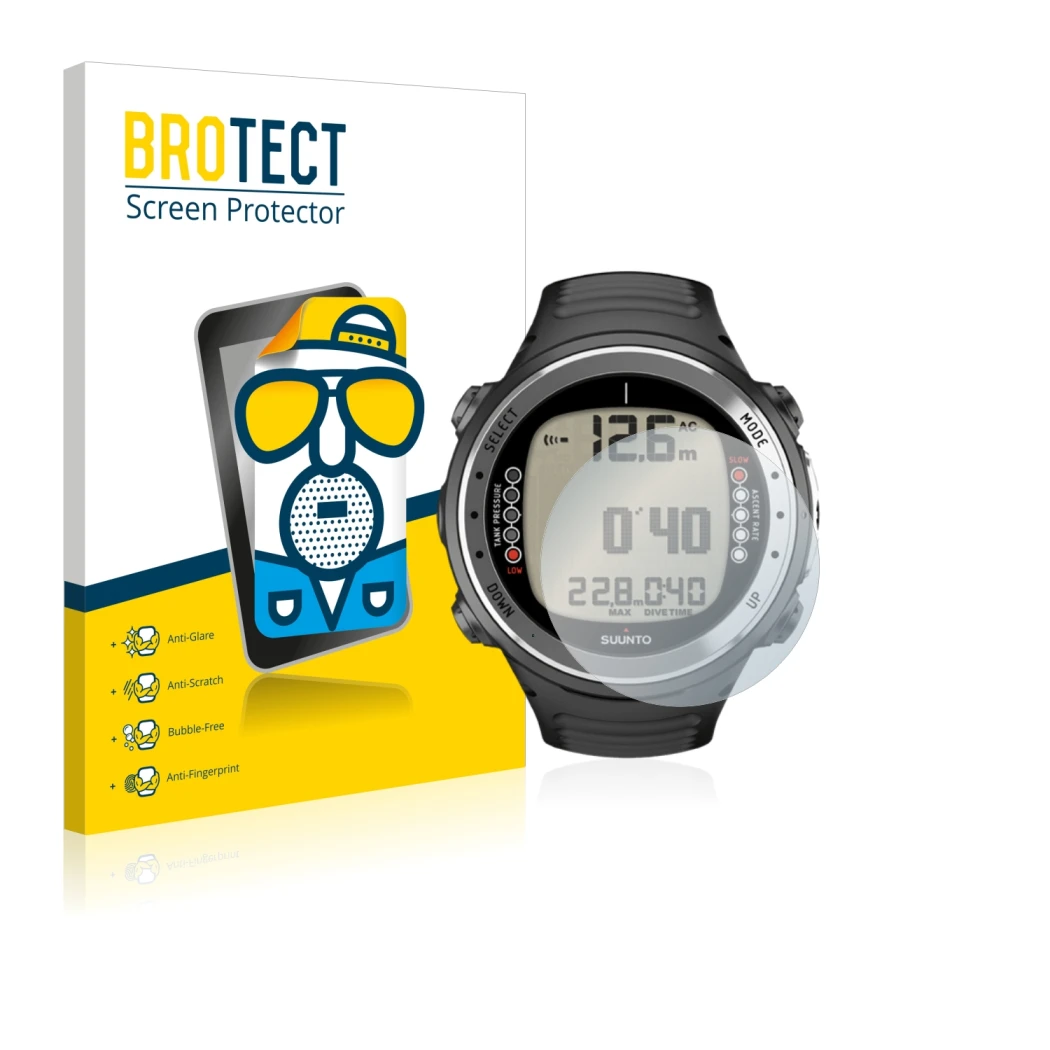 Parte frontal de un envase de producto con el logotipo de la marca BROTECT. Al lado se muestra el dispositivo Suunto D4I con s