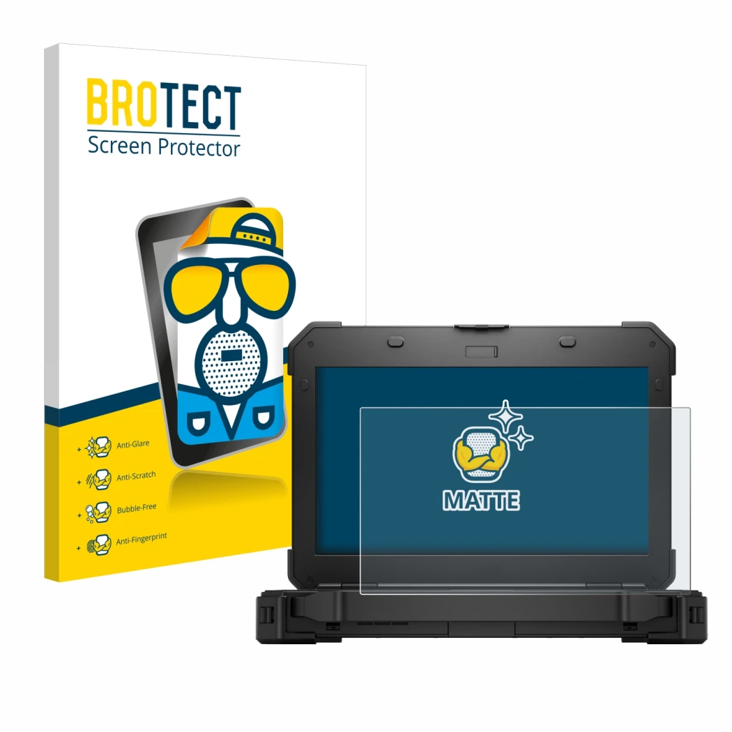 Parte frontal de un envase de producto con el logotipo de la marca BROTECT. Al lado se muestra el dispositivo Dell Latitude 54