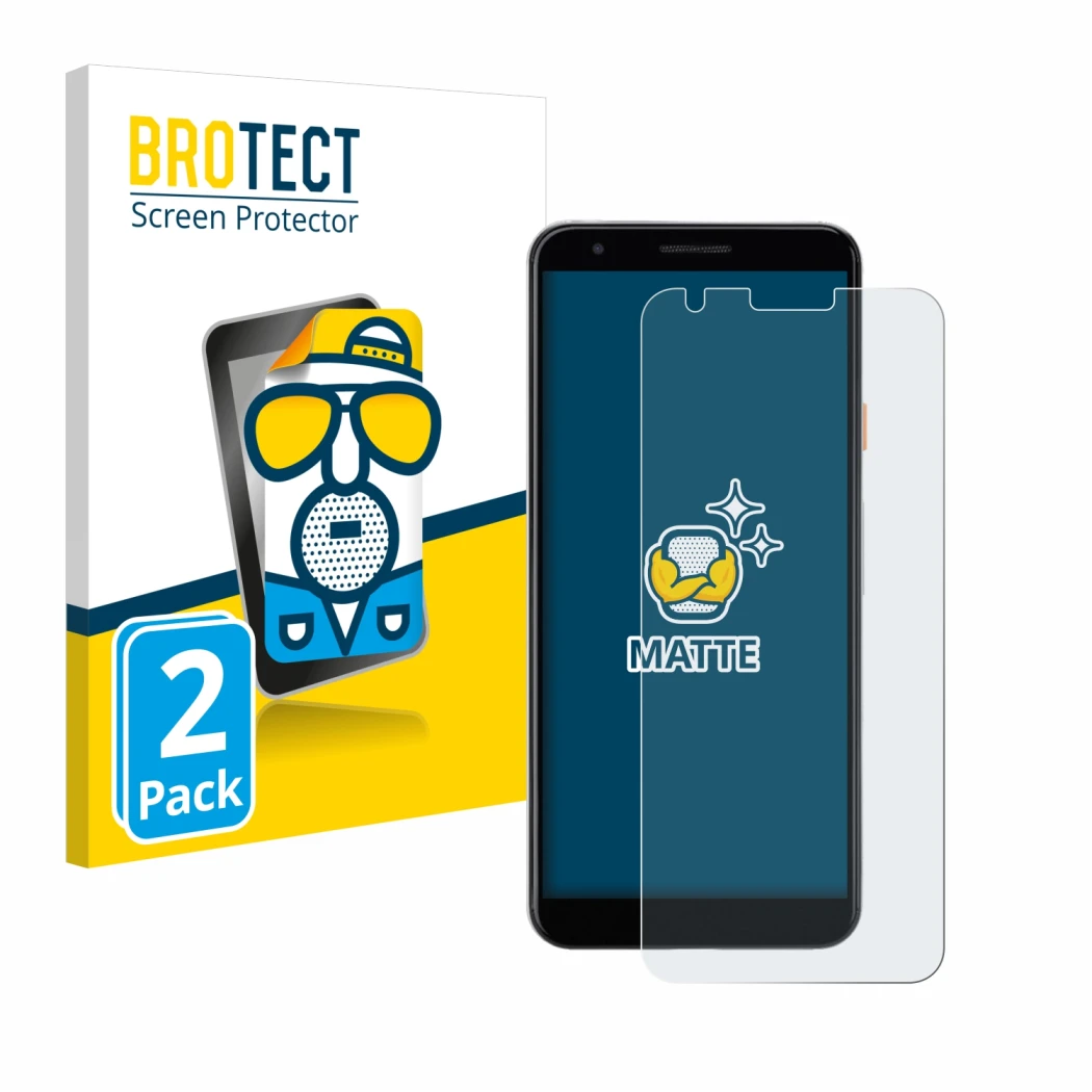 Parte frontal de un envase de producto con el logotipo de la marca BROTECT. Al lado se muestra el dispositivo Google Pixel 3a