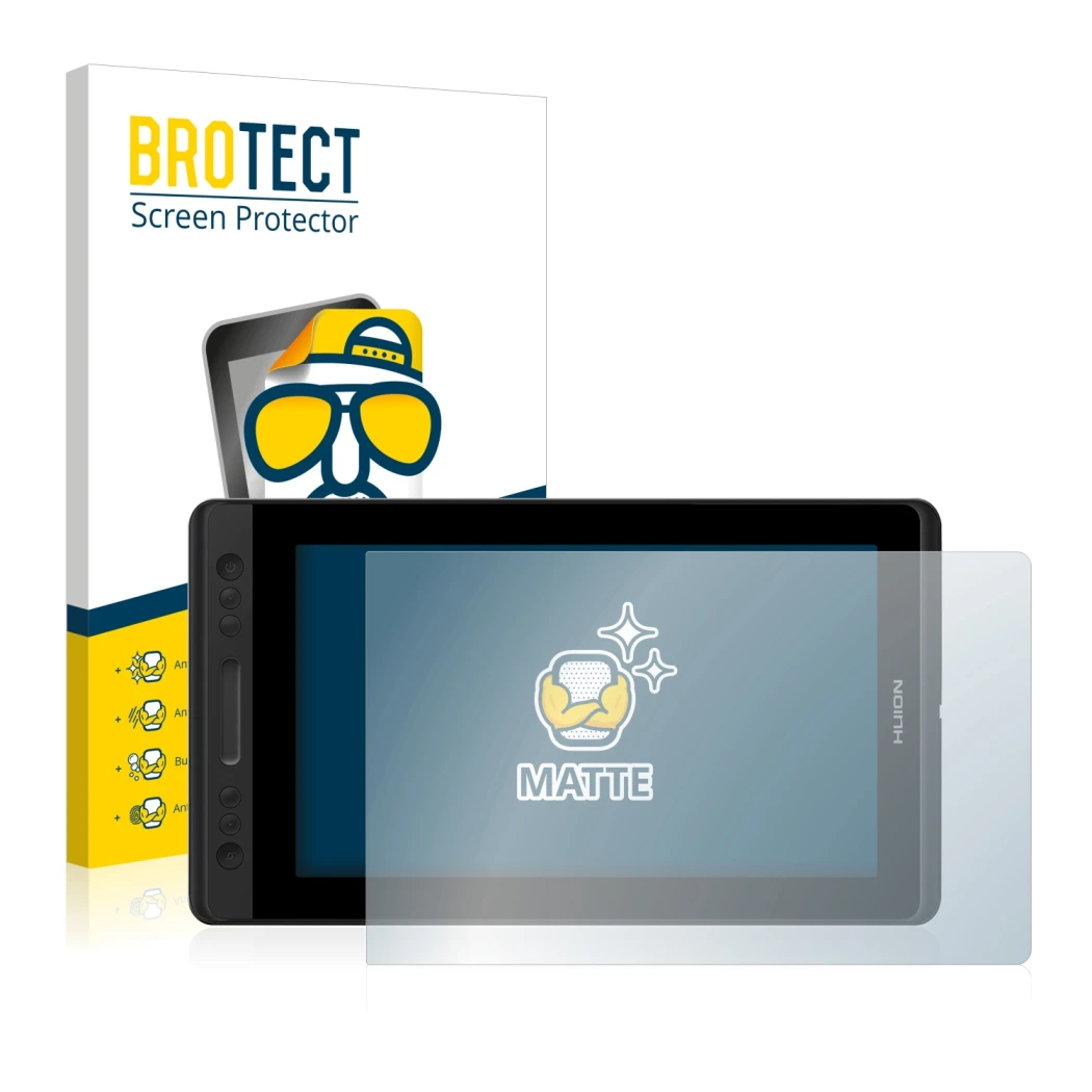 Parte frontal de un envase de producto con el logotipo de la marca BROTECT. Al lado se muestra el dispositivo Huion Kamvas Pro