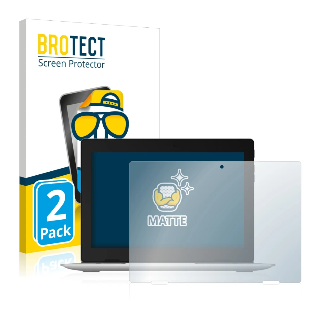 Parte frontal de un envase de producto con el logotipo de la marca BROTECT. Al lado se muestra el dispositivo Lenovo IdeaPad D