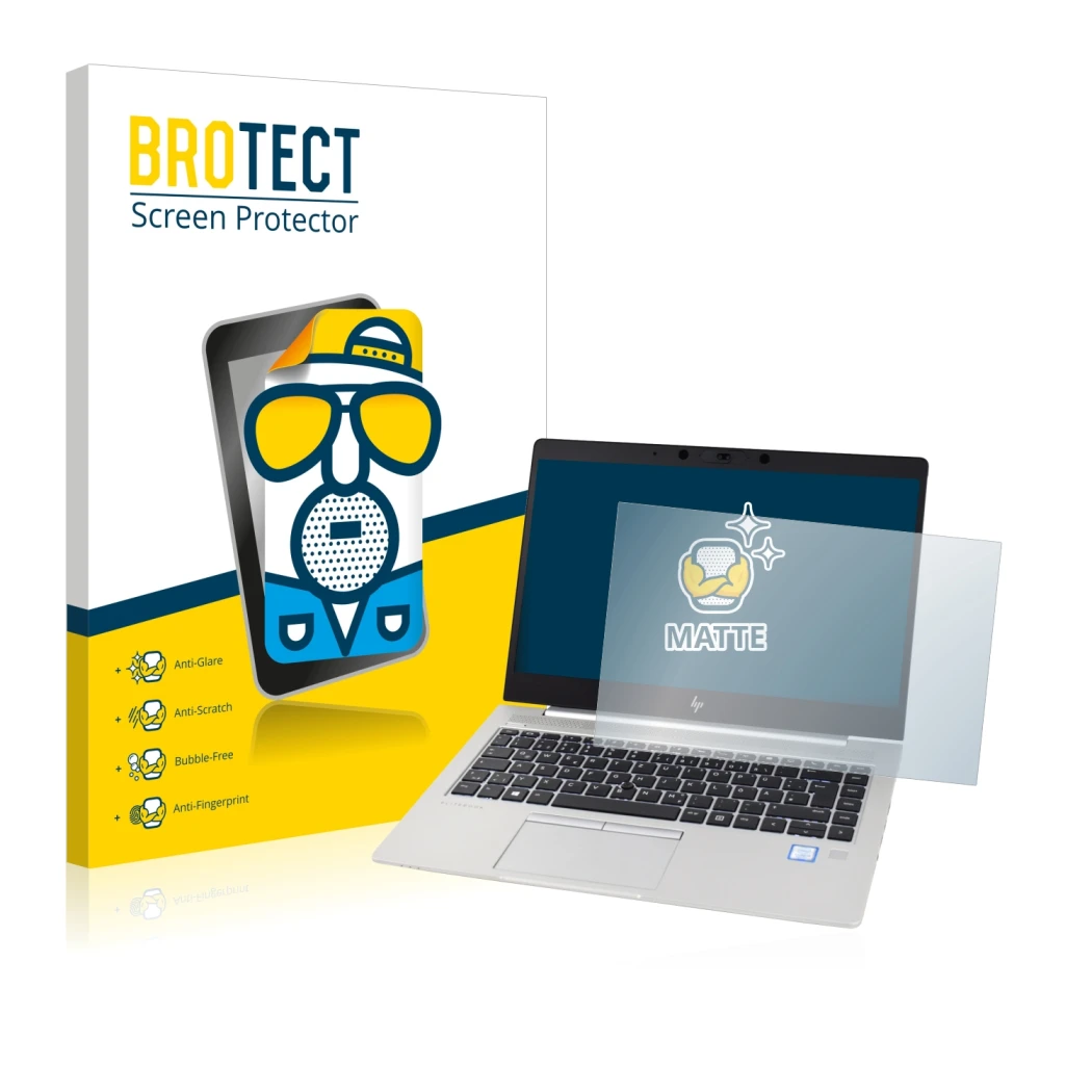 Parte frontal de un envase de producto con el logotipo de la marca BROTECT. Al lado se muestra el dispositivo HP EliteBook 830