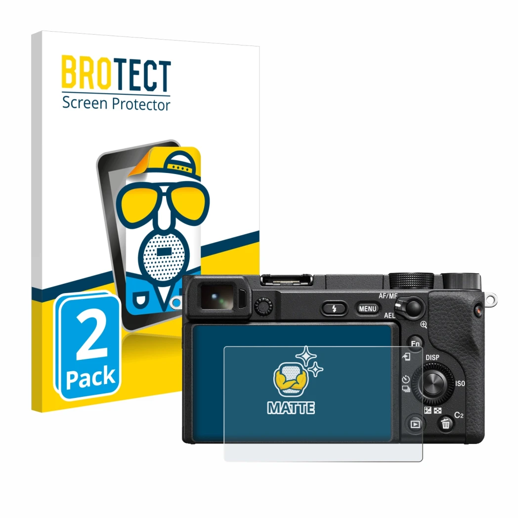 Parte frontal de un envase de producto con el logotipo de la marca BROTECT. Al lado se muestra el dispositivo Sony Alpha 6400 