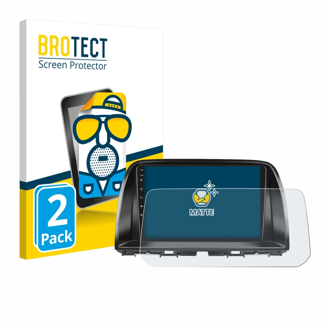 Parte frontal de un envase de producto con el logotipo de la marca BROTECT. Al lado se muestra el dispositivo Mazda CX-5 2017 