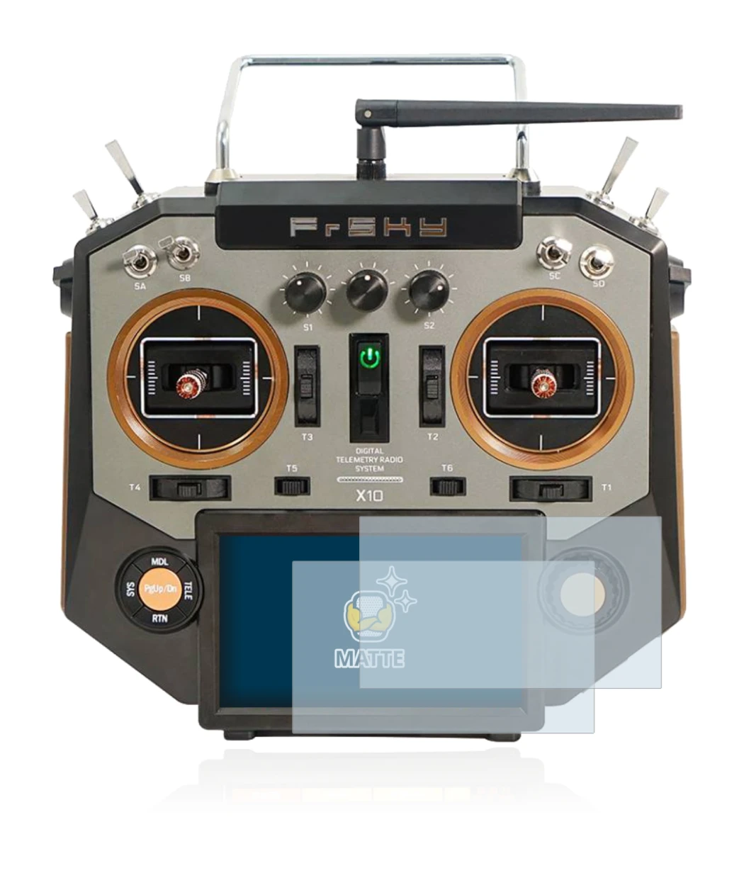 Imagen del dispositivo FrSky Horus X10 con una amplia variedad de protectores de pantalla.