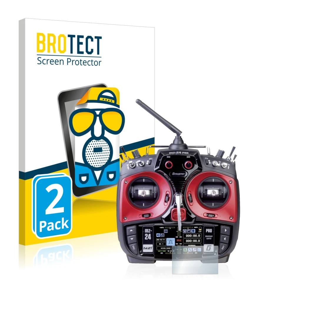 Parte frontal de un envase de producto con el logotipo de la marca BROTECT. Al lado se muestra el dispositivo Graupner mz-24 P