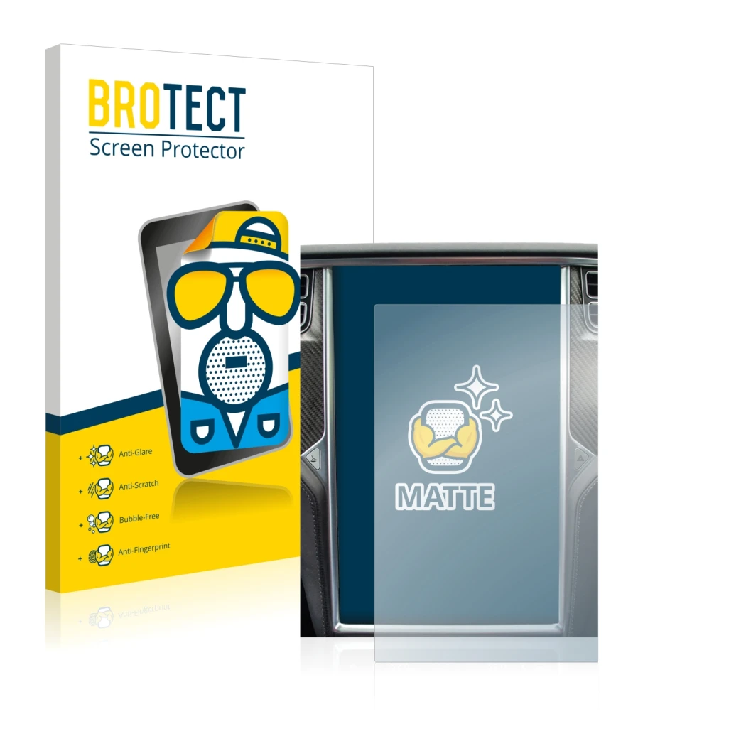 Parte frontal de un envase de producto con el logotipo de la marca BROTECT. Al lado se muestra el dispositivo Tesla Model X co