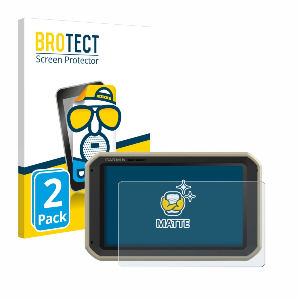 Parte frontal de un envase de producto con el logotipo de la marca BROTECT. Al lado se muestra el dispositivo Garmin Overlande