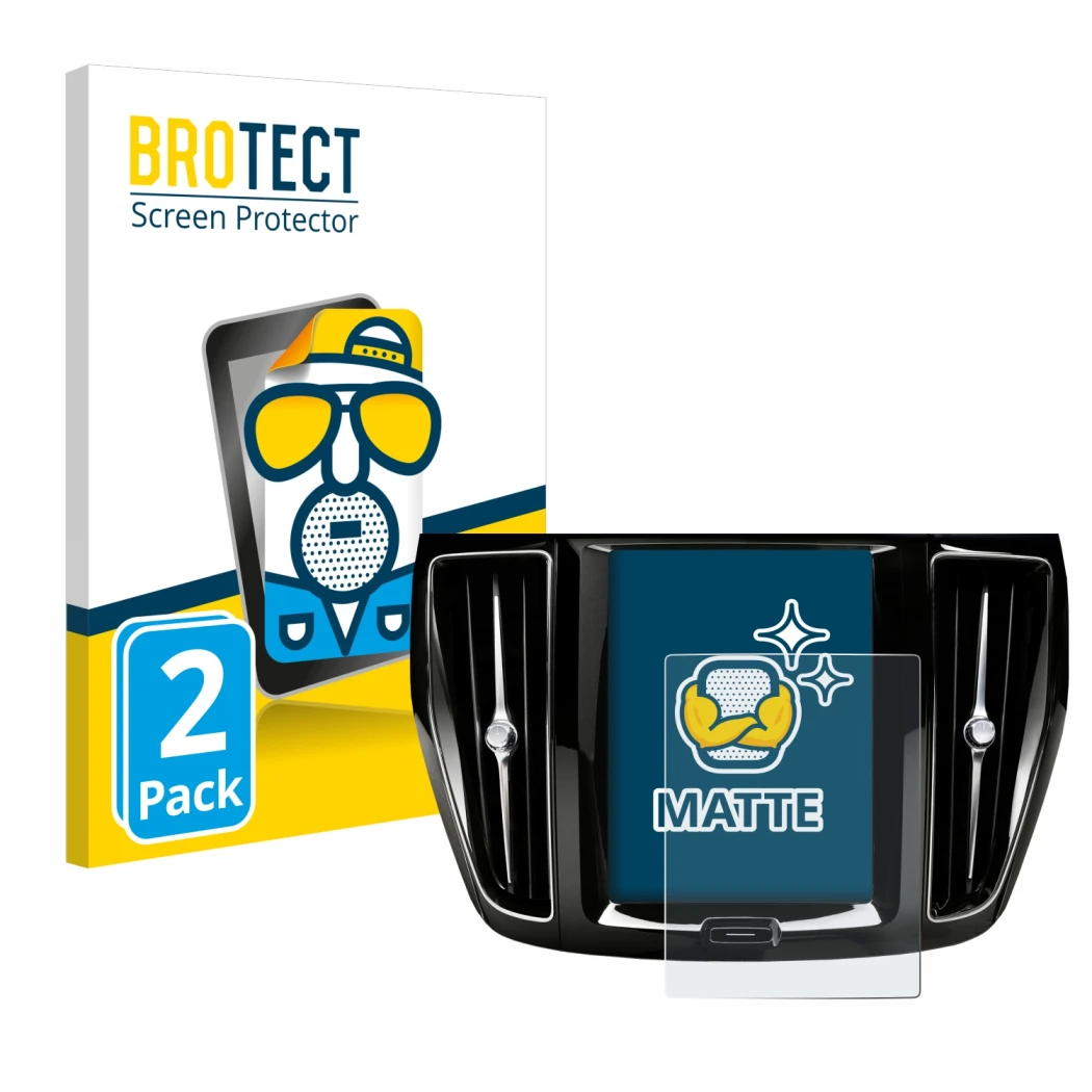 Parte frontal de un envase de producto con el logotipo de la marca BROTECT. Al lado se muestra el dispositivo Volvo V60 Sensus