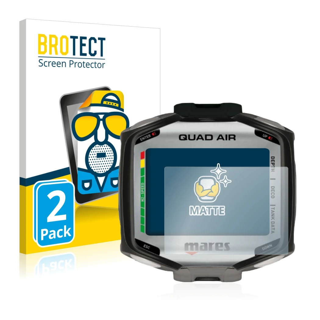 Parte frontal de un envase de producto con el logotipo de la marca BROTECT. Al lado se muestra el dispositivo Mares Quad Air c