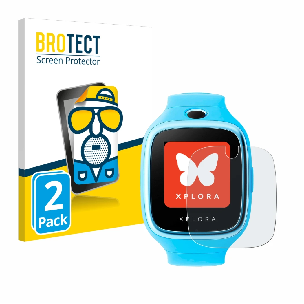 Parte frontal de un envase de producto con el logotipo de la marca BROTECT. Al lado se muestra el dispositivo Xplora Go con su