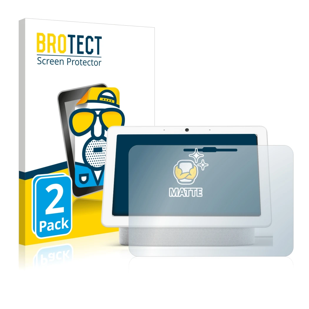 Parte frontal de un envase de producto con el logotipo de la marca BROTECT. Al lado se muestra el dispositivo Google Nest Hub