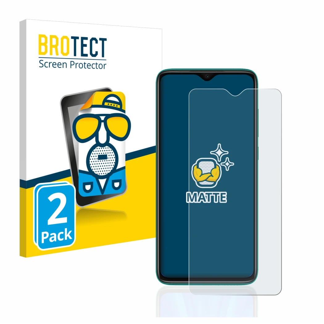 Parte frontal de un envase de producto con el logotipo de la marca BROTECT. Al lado se muestra el dispositivo Xiaomi Redmi Not
