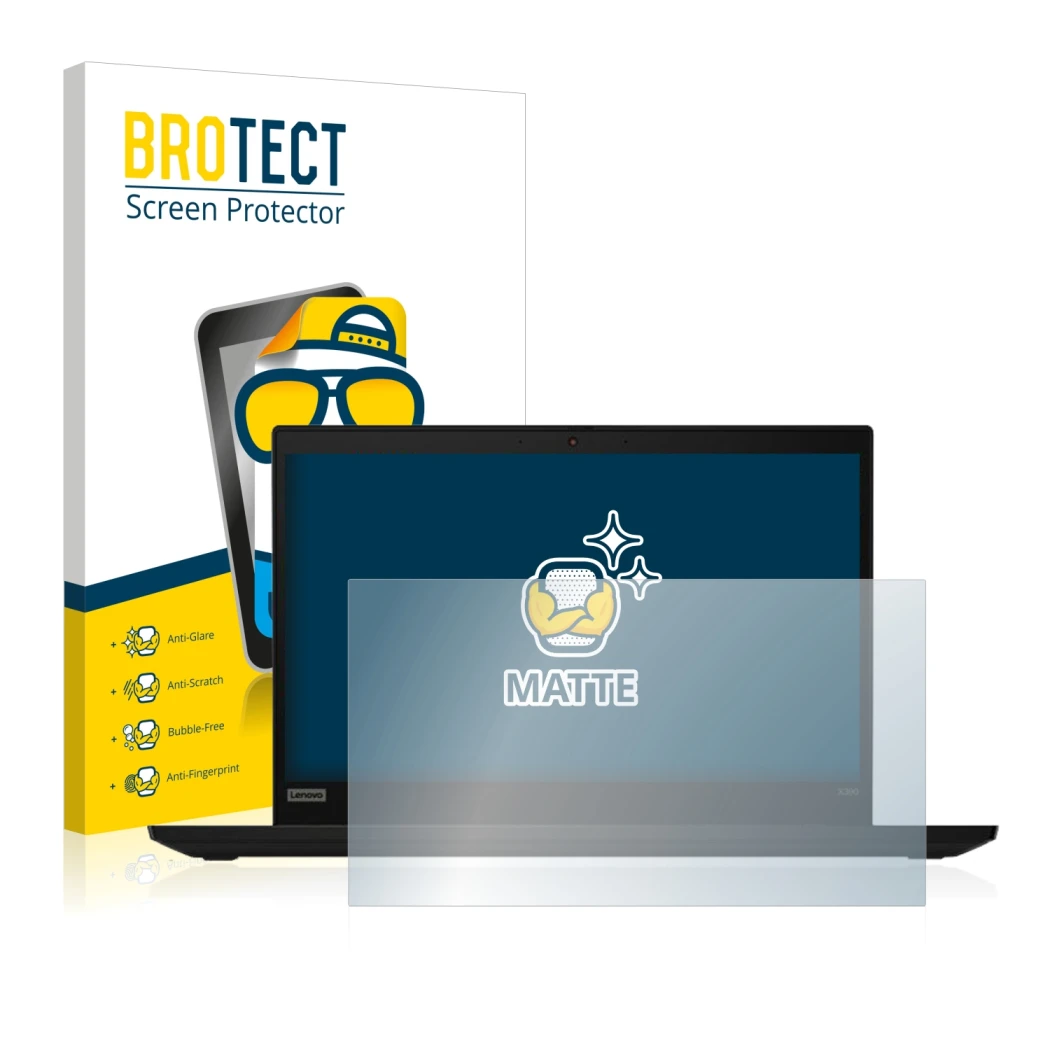 Parte frontal de un envase de producto con el logotipo de la marca BROTECT. Al lado se muestra el dispositivo Lenovo ThinkPad