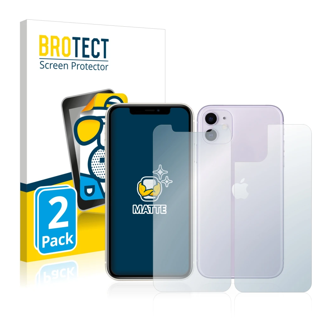 Parte frontal de un envase de producto con el logotipo de la marca BROTECT. Al lado se muestra el dispositivo Apple iPhone 11 