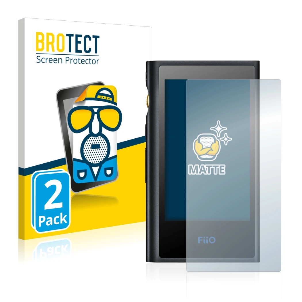 Parte frontal de un envase de producto con el logotipo de la marca BROTECT. Al lado se muestra el dispositivo FiiO M9 con su p