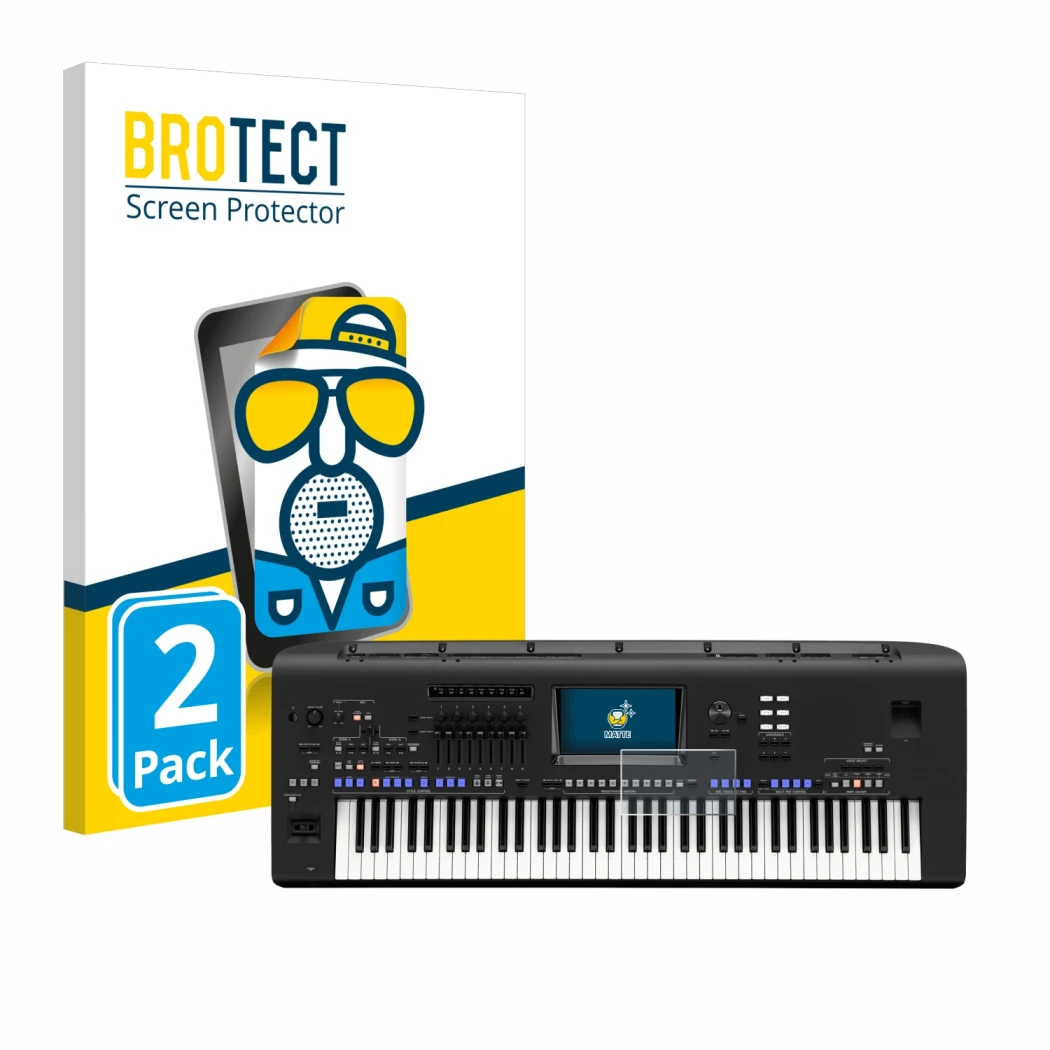 Parte frontal de un envase de producto con el logotipo de la marca BROTECT. Al lado se muestra el dispositivo Yamaha Genos con