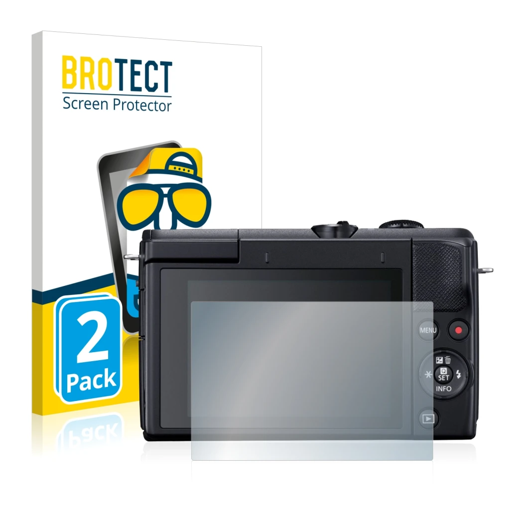 Parte frontal de un envase de producto con el logotipo de la marca BROTECT. Al lado se muestra el dispositivo Canon EOS M200 c