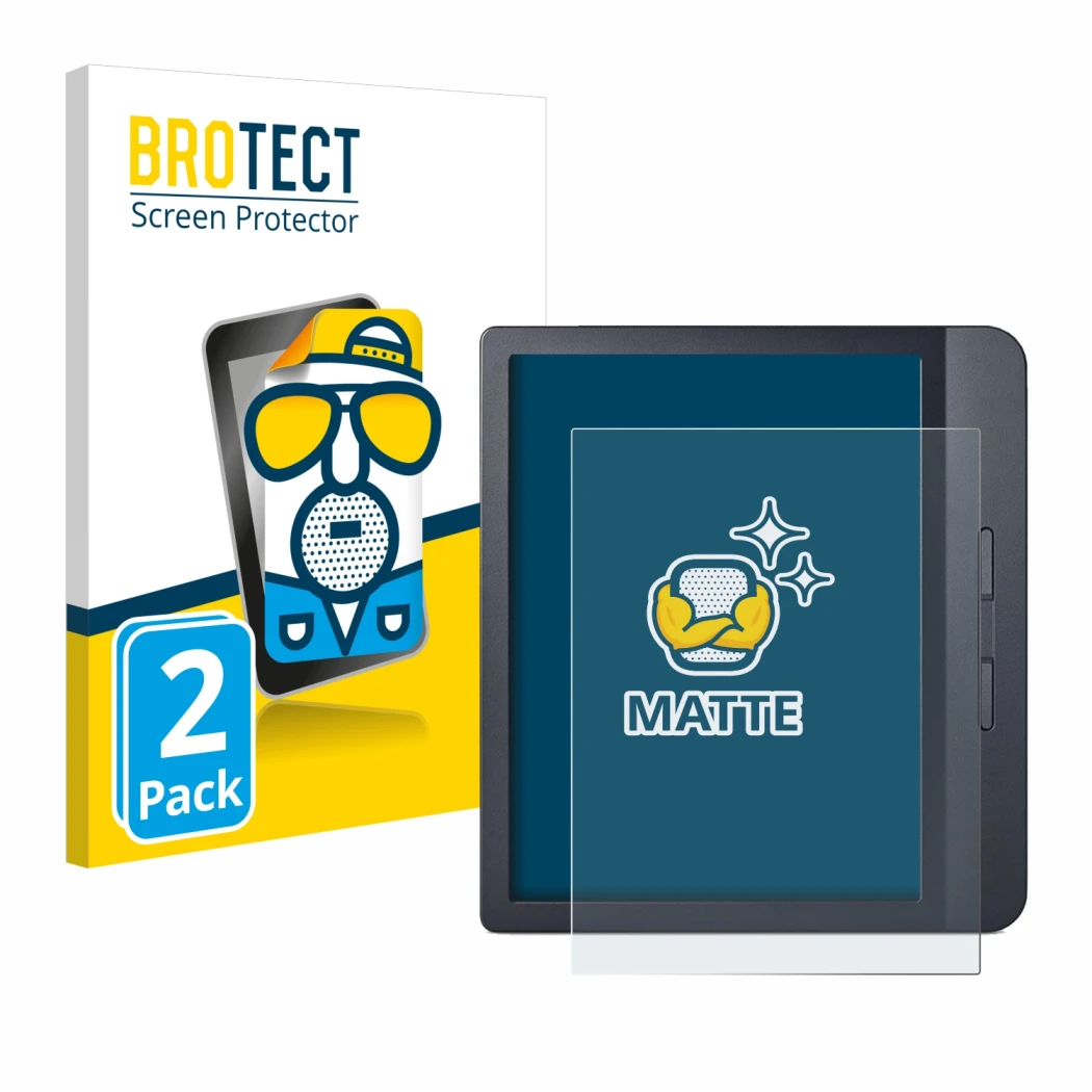 Parte frontal de un envase de producto con el logotipo de la marca BROTECT. Al lado se muestra el dispositivo Kobo Libra H2O c
