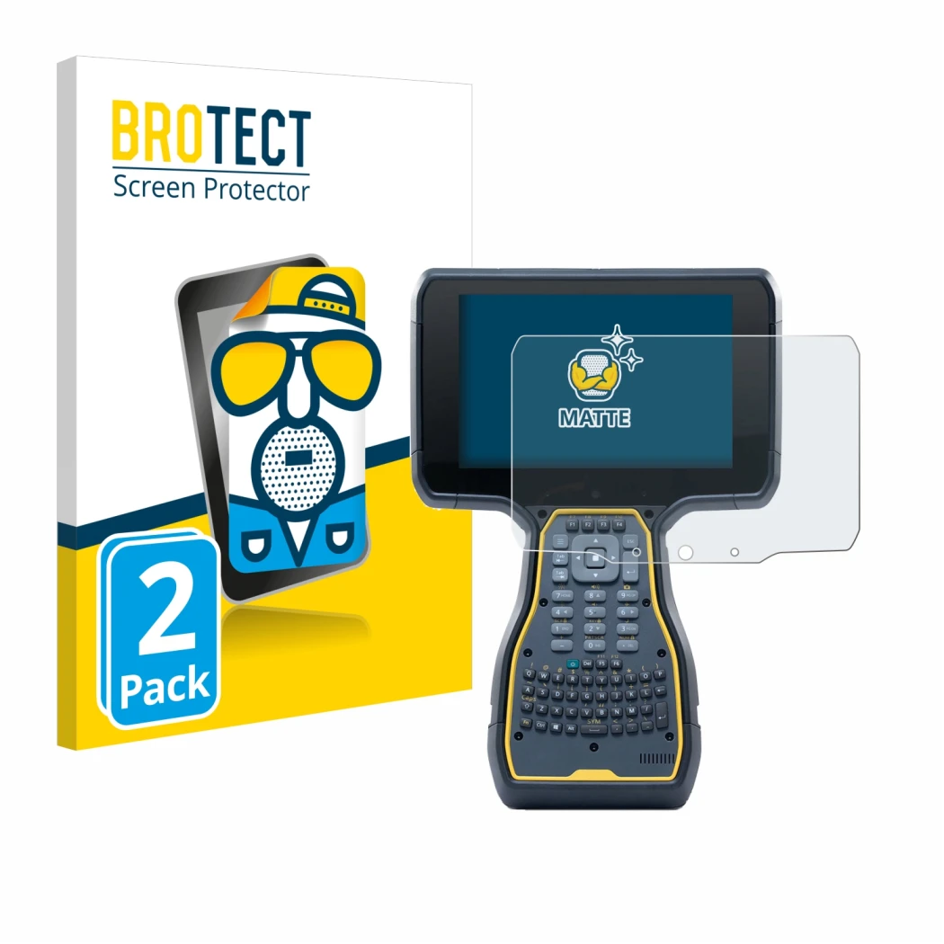 Parte frontal de un envase de producto con el logotipo de la marca BROTECT. Al lado se muestra el dispositivo Trimble TSC7 Con