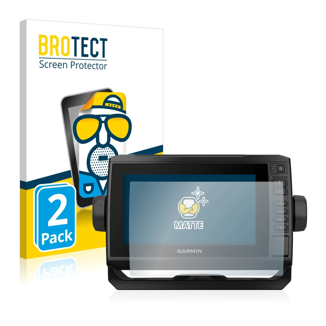 Parte frontal de un envase de producto con el logotipo de la marca BROTECT. Al lado se muestra el dispositivo Garmin ECHOMAP U