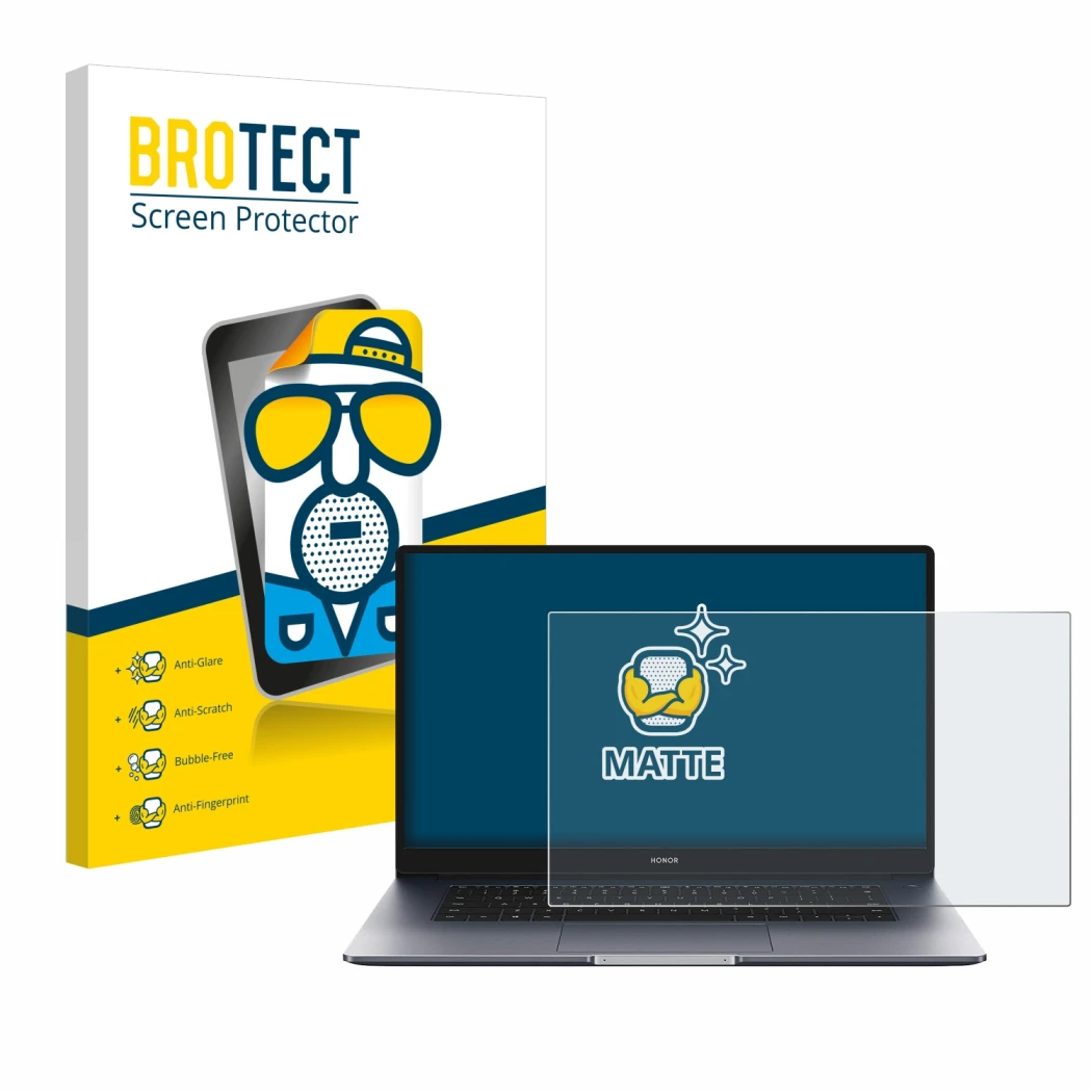 Parte frontal de un envase de producto con el logotipo de la marca BROTECT. Al lado se muestra el dispositivo Honor MagicBook 