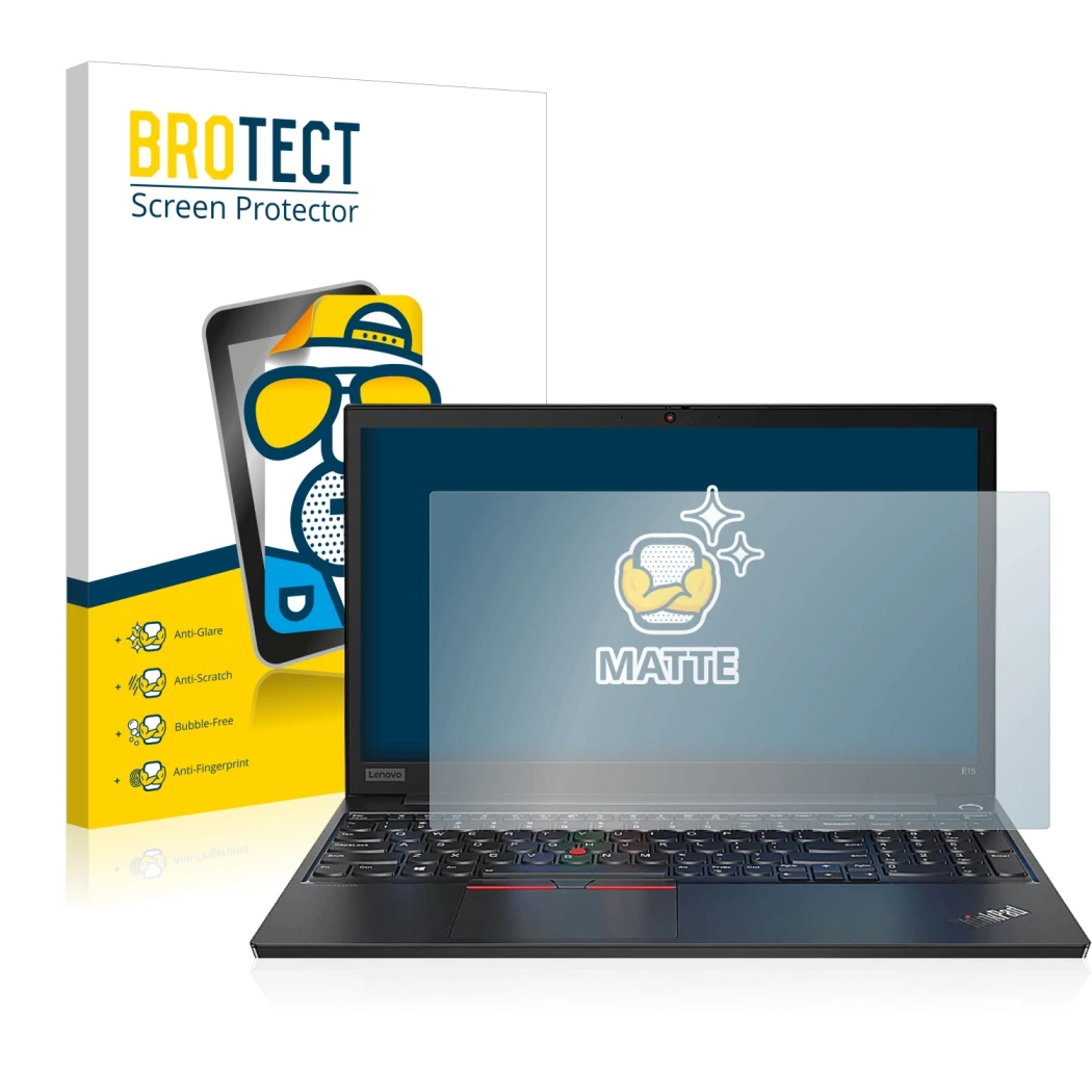 Parte frontal de un envase de producto con el logotipo de la marca BROTECT. Al lado se muestra el dispositivo Lenovo ThinkPad